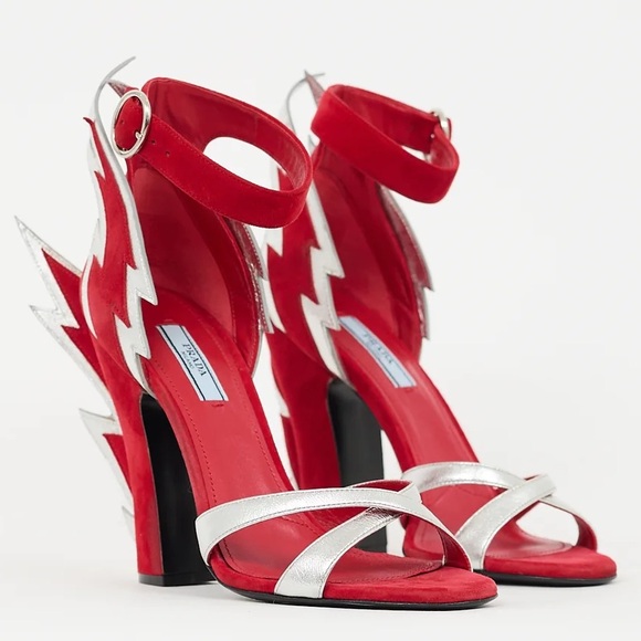 Prada Thunderbolt Red Silver Suede Leather Lightning Bolt Stiletto Heel Pumps - Picture 2 of 4